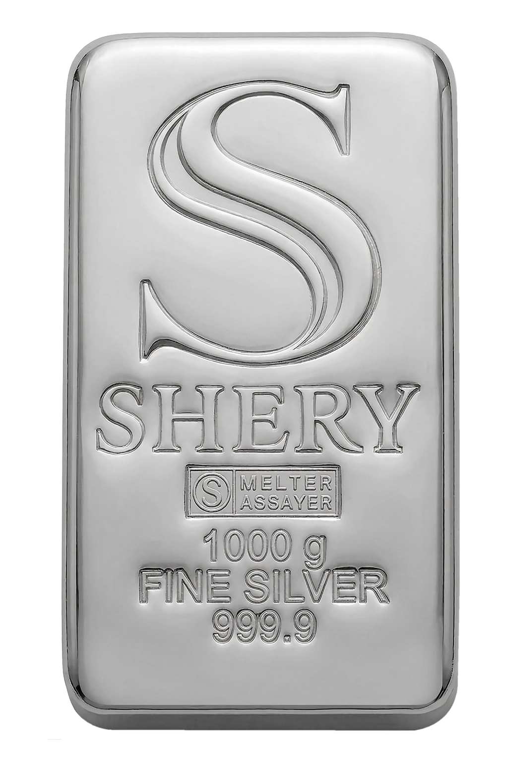 SHERY 1000 г — литой слиток серебра, лицевая сторона