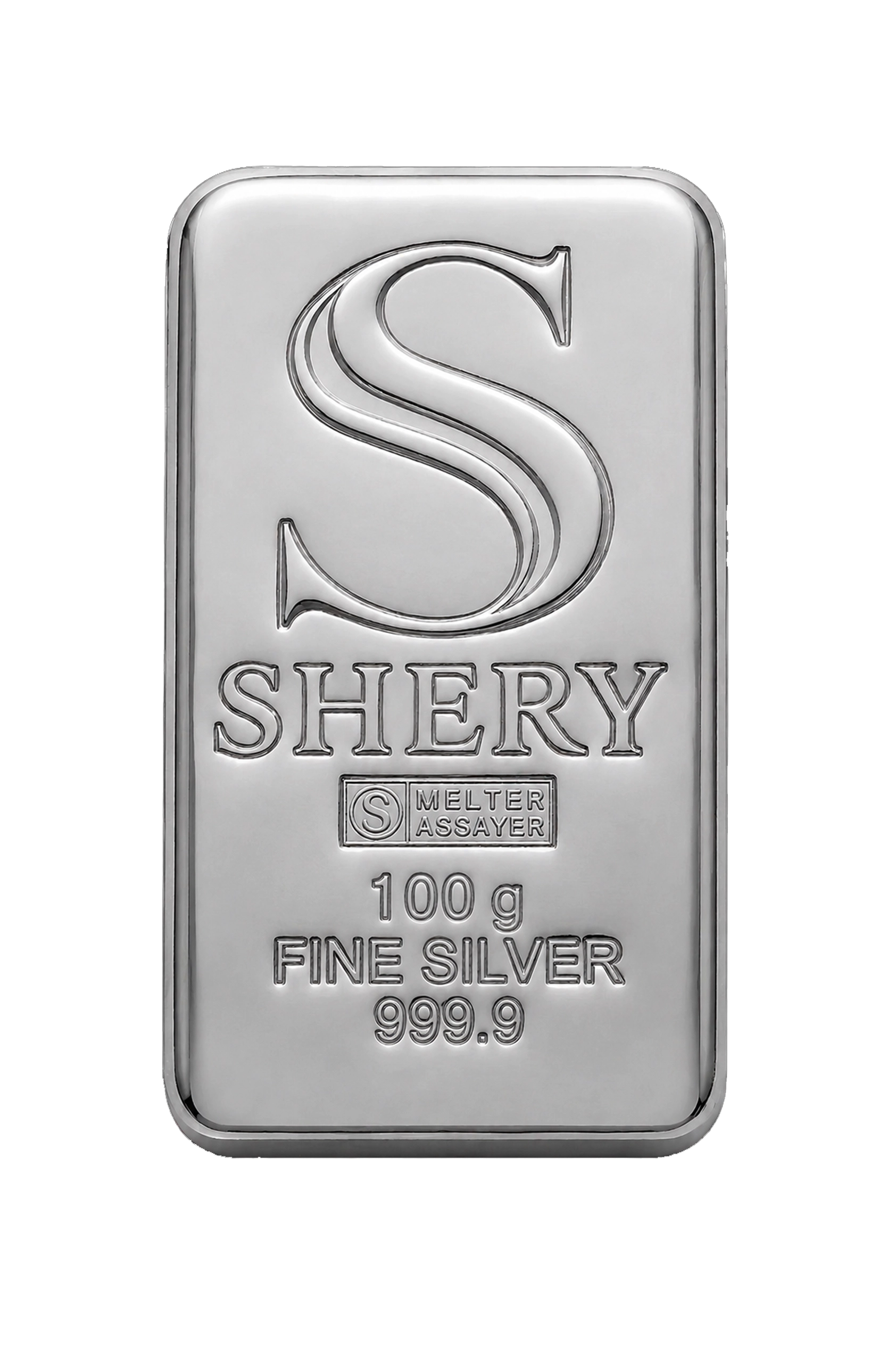 SHERY 100 г — литой слиток серебра, лицевая сторона