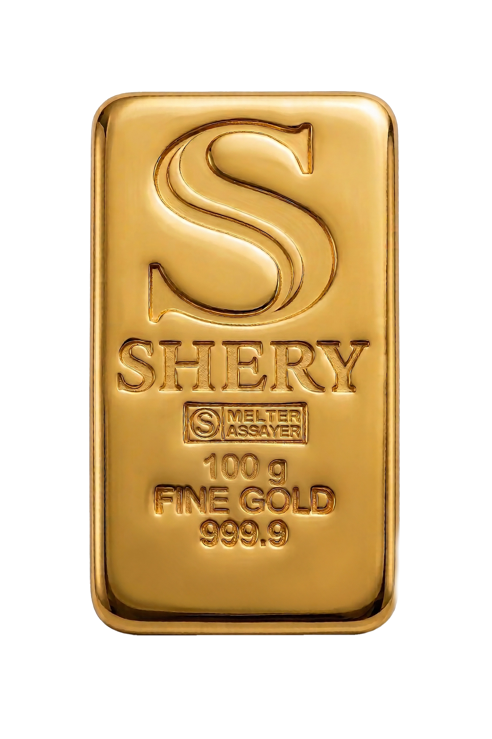 SHERY 100 г — литой слиток золота, лицевая сторона
